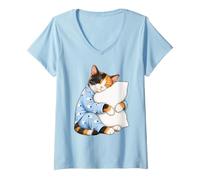 Femme Chat Calico endormi dans Un Pyjama Mignon T-Shirt avec Col en V
