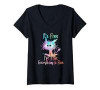Femme Chat C'est Okay, Je Vais Bien, Tout va Bien. T-Shirt avec Col en V