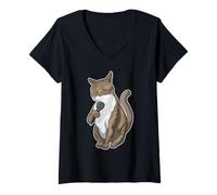 Femme Chat Chanteur Microphone Chant T-Shirt avec Col en V