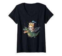 Femme Chat Chaton Chevalier Chevalier Équitation Dragon Médiéval Ren Faire Graphique T-Shirt avec Col en V