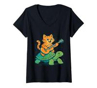 Femme Chat chevauchant Une Tortue Jouant de la T-Shirt avec Col en V
