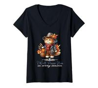 Femme Chat chrétien « I Will Praise Him in Every Season Fall » T-Shirt avec Col en V