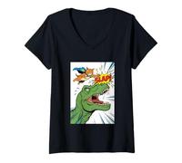 Femme Chat claquant T-Rex Dinosaure Pop Art Tyrannosaure T-Shirt avec Col en V