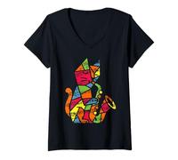 Femme Chat coloré Amusant Jouant du Saxophone T-Shirt avec Col en V
