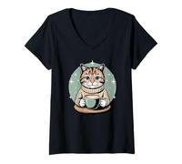 Femme Chat Confortable Portant Un café Latte Art T-Shirt avec Col en V