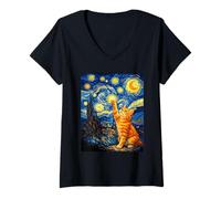 Femme Chat Curieux Van Gogh inspiré de la Nuit étoilée atteignant Les étoiles T-Shirt avec Col en V