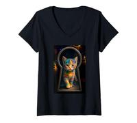 Femme Chat dans l'espace regardant à travers un trou de serrure mignon coloré T-Shirt avec Col en V