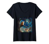 Femme Chat dans Un Arbre avec Ciel étoilé Bleu après Gustav Klimt T-Shirt avec Col en V