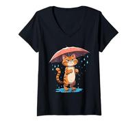 Femme Chat de Dessin Animé avec Parapluie sous la Pluie T-Shirt avec Col en V