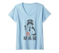 Femme Chat de Gare Japonais pour Les Amateurs de Chemin de Fer T-Shirt avec Col en V