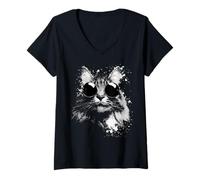 Femme Chat de la forêt norvégienne Portant des Nuances Splash Art Grunge Style T-Shirt avec Col en V