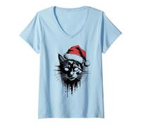 Femme Chat de Noël Grunge Chaotic Vintage Anti Xmas Horror Dark T-Shirt avec Col en V