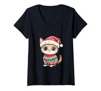 Femme Chat de Noël Mignon de Bande dessinée | Fête de Noël T-Shirt avec Col en V