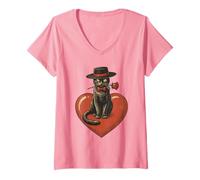 Femme Chat de Saint-Valentin avec nœud Tenant des Roses Rouges Assis sur Un cœur T-Shirt avec Col en V