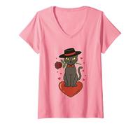 Femme Chat de Saint-Valentin avec nœud Tenant des Roses Rouges Assis sur Un cœur T-Shirt avec Col en V