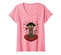 Femme Chat de Saint-Valentin avec nœud Tenant des Roses Rouges Assis sur Un cœur T-Shirt avec Col en V