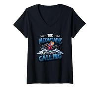 Femme Chat de Ski Amusant The Meowtains are Calling Mountain Lover T-Shirt avec Col en V