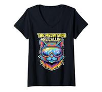 Femme Chat de Ski coloré Meowtains Appel Hiver Snowboard Chat T-Shirt avec Col en V