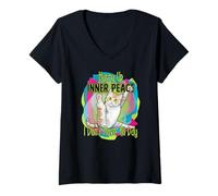 Femme Chat de Yoga Amusant « Hurry Up Inner Peace I Don't Have All Day » T-Shirt avec Col en V