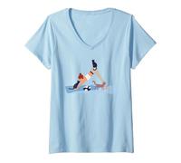 Femme Chat de Yoga Mignon Asanas féminin T-Shirt avec Col en V, Bleu Céleste, S