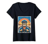 Femme Chat Driver Sunset Adventure Retro Art T-Shirt avec Col en V