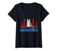Femme Chat drôle Assis sur Le Pont Rouge Chats Japonais T-Shirt avec Col en V