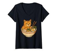 Femme Chat drôle Mange la nouille Japonaise Soupe Ramen Chats T-Shirt avec Col en V
