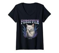 Femme Chat drôle pardonné Cringy Meme Surchargé Christian T-Shirt avec Col en V
