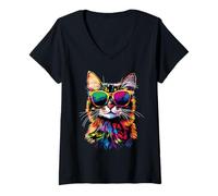Femme Chat du Bengale avec Lunettes de Soleil Leopardette Bengal T-Shirt avec Col en V