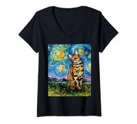 Femme Chat du Bengale Nuit étoilée Animal Art par Aja T-Shirt avec Col en V