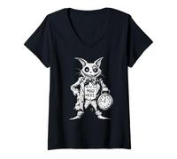 Femme Chat du Cheshire Pays des Merveilles Noir Fantaisie Horreur T-Shirt avec Col en V