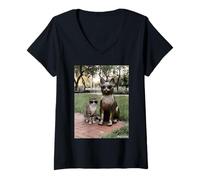 Femme Chat Duo Lunettes de Soleil Statue Funny Park T-Shirt avec Col en V