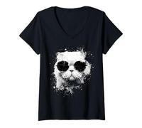Femme Chat écossais Pliable Portant des Nuances Splash Art Grunge Style T-Shirt avec Col en V