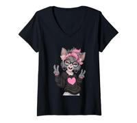 Femme Chat élégant avec Cheveux Roses et Lunettes Motif Signe de Paix T-Shirt avec Col en V