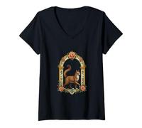 Femme Chat élégant dans l'arche Florale Vintage Illustration Art Nouveau T-Shirt avec Col en V