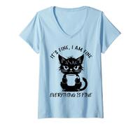 Femme Chat en colère buvant du café. Tout va bien. T-Shirt avec Col en V
