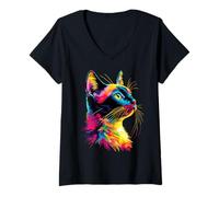 Femme Chat en Couleurs Arc-en-Ciel Cat Popart Miaou Amour Chats T-Shirt avec Col en V