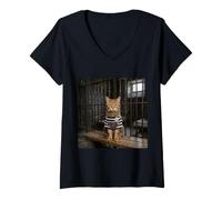 Femme Chat en Prison T-Shirt avec Col en V