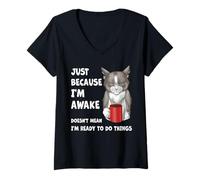 Femme Chat Endormi Café Humeur du Lundi Matin Drôle T-Shirt avec Col en V