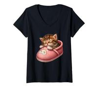 Femme Chat endormi dans Une Pantoufle T-Shirt avec Col en V