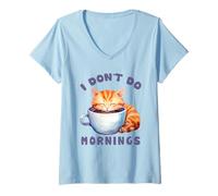 Femme Chat endormi Mignon dans Une Tasse à café Matin T-Shirt avec Col en V