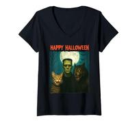 Femme Chat Frankenstein Loup-garou amusant Halloween Trick Treat Selfie T-Shirt avec Col en V