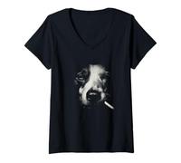 Femme Chat fumant Abstrait Feline Portrait Minimal Contour T-Shirt avec Col en V