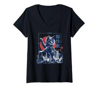 Femme Chat géant Japonais Monster Catzilla Attack - Pinceau à Encre T-Shirt avec Col en V