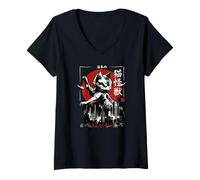Femme Chat géant Japonais Monster City Attack - Pinceau à Encre T-Shirt avec Col en V