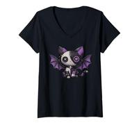 Femme Chat Gothique Kawaii en Patchwork Mignon Chat Emo Gothique T-Shirt avec Col en V