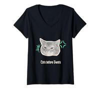 Femme Chat Graphique Amusant « Cats Before Twats » T-Shirt avec Col en V
