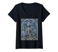 Femme Chat Gris élégant Art Nouveau Russe Bleu T-Shirt avec Col en V