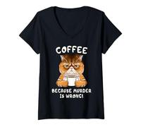 Femme Chat Grognon Humeur Café Matin Drôle Citation T-Shirt avec Col en V