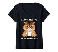 Femme Chat Grognon Humeur du Matin Café Drôle T-Shirt avec Col en V